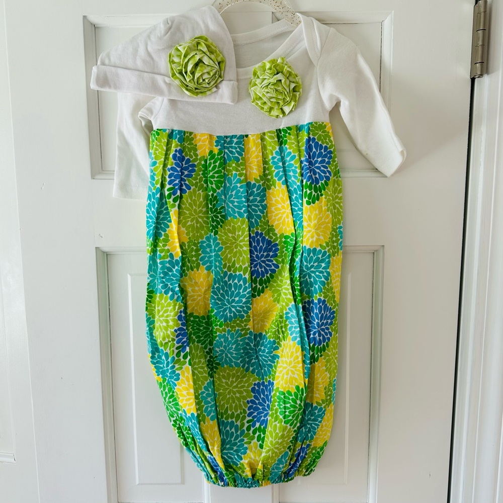 handmade Bright Green, Blue & Yellow Floral Baby Gown w Matching Hat
